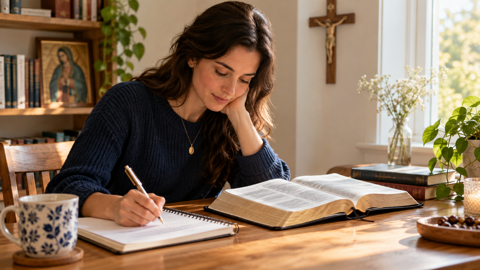 Pessoa estudando a Bíblia e fazendo anotações