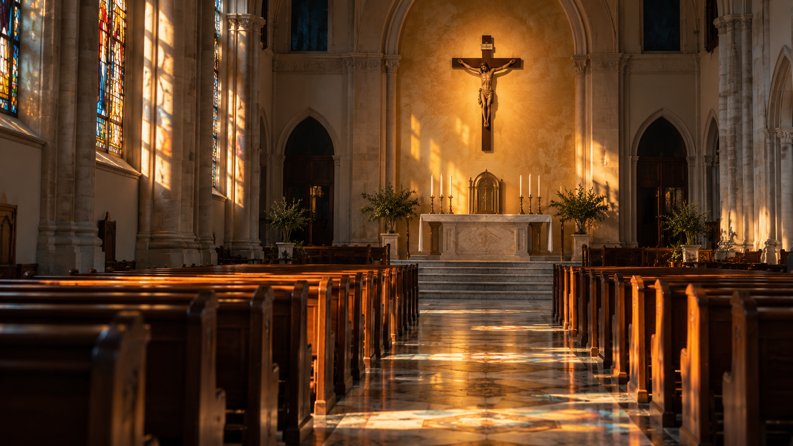 Interior de uma igreja católica com bancos, altar e crucifixo sob luz da manhã